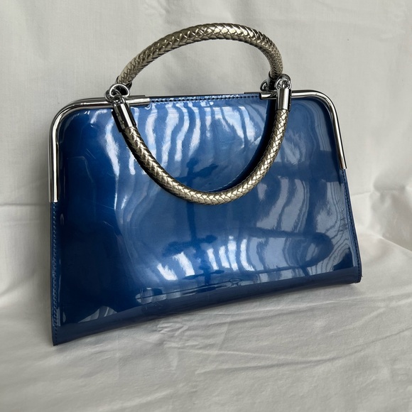 MG COLLECTION “MATANA” High Gloss Blue Faux Patent Leather Evening Satchel - Picture 10 of 11